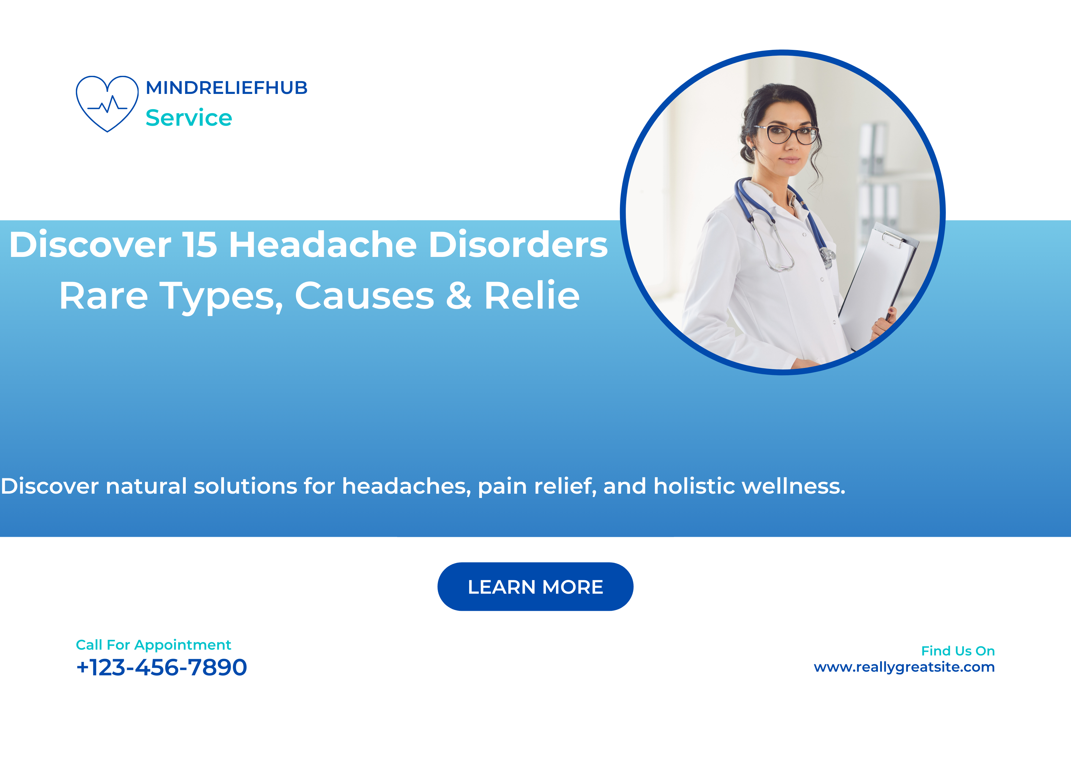 MindReliefHub services page promoting headache disorder solutions. Features sections: 'Discover 15 Headache Disorders' (rare types, causes, relief), natural pain relief tips