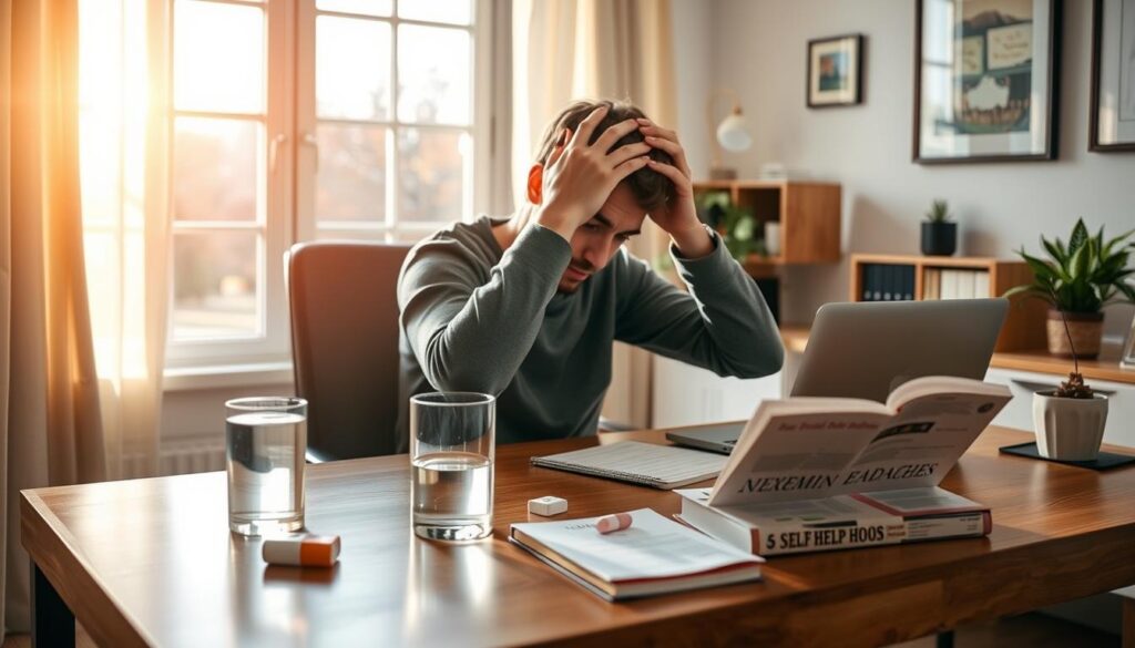 A cozy home office setting with a person sitting at a desk, holding their head in their hands, appearing to be experiencing a headache. The room is filled with natural light from a large window, casting a warm glow on the scene. On the desk, a glass of water, some pain medication, and a self-help book on managing headaches. The walls are adorned with soothing artwork and a small desk plant adds a touch of greenery. The atmosphere conveys a sense of solace and support for the person dealing with the headache condition.