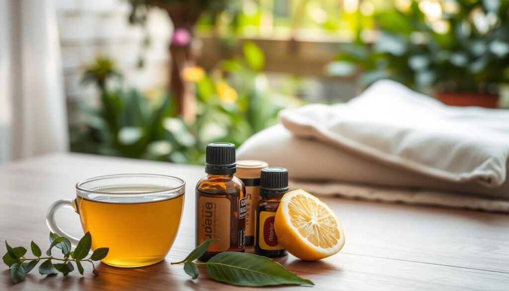 A serene, softly-lit scene showcasing natural headache relief remedies. In the foreground, a soothing cup of herbal tea, a bottle of essential oils, and a fresh lemon slice. The middle ground features a calming meditation cushion and a warm compress. In the background, a tranquil garden with lush greenery and a hints of sunlight filtering through. Soft, diffused lighting creates a relaxing ambiance, while the overall composition conveys a sense of tranquility and comfort, ideal for alleviating the discomfort of a headache.