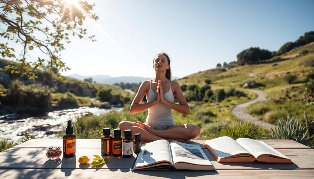 A serene, sun-dappled outdoor scene with a person practicing yoga in the foreground, surrounded by soothing natural elements like flowing water, lush greenery, and a cloudless sky. The figure is seated in a comfortable meditation pose, eyes closed, radiating a sense of tranquility and focus. The middle ground features a table with various natural remedies and self-care tools like essential oils, herbal teas, and a book on relaxation techniques. In the background, there are rolling hills, a winding path, and a calming vista that evokes a feeling of escape and restoration. The overall mood is one of harmonious balance, inviting the viewer to engage in stress-reducing practices for headache management.