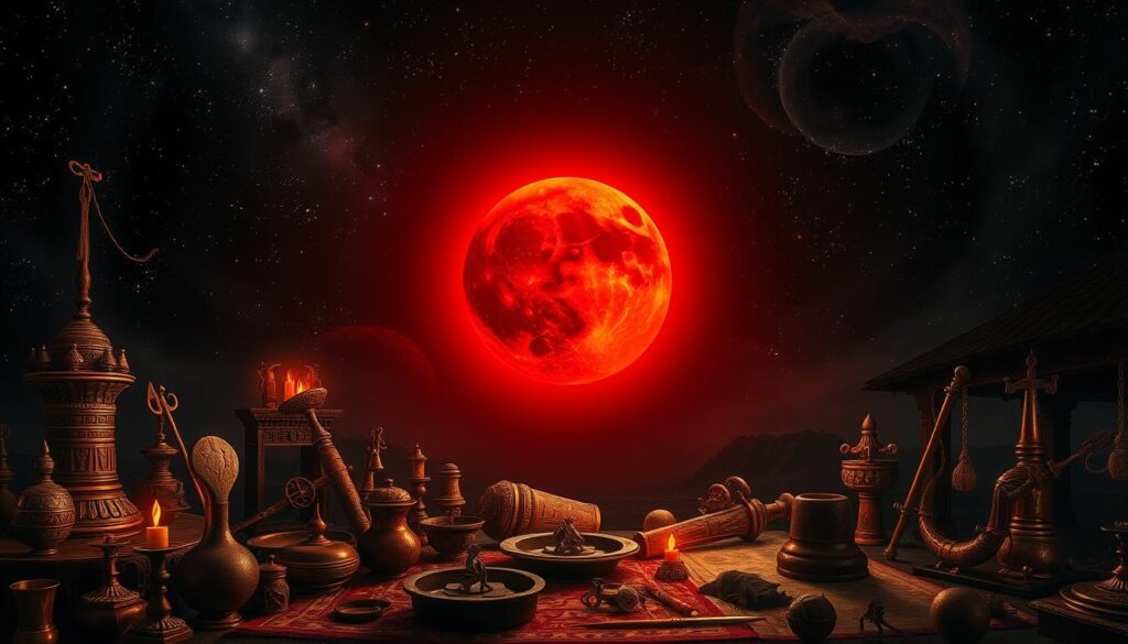 A dramatic night sky filled with the mystic glow of a blood-red total lunar eclipse, surrounded by ancient celestial symbols and cultural artifacts from diverse civilizations. In the foreground, a collection of ceremonial objects, ritual elements, and historic astronomical instruments, illuminated by a warm, ambient light. In the middle ground, a panoramic view of the eclipsed moon, shrouded in an eerie crimson hue, against a backdrop of twinkling stars and swirling cosmic energies. The composition conveys the timeless cultural significance and profound awe associated with these rare and captivating celestial events.