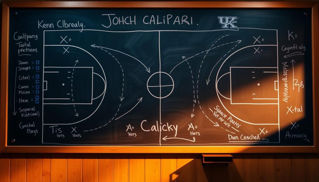 A detailed basketball strategy diagram featuring Coach John Calipari's signature plays and schemes displayed on a chalkboard. The tactical layout showcases Xs and Os, arrows, and intricate plays designed to maximize the Kentucky Wildcats' offensive and defensive strengths. The chalkboard is illuminated by warm, focused lighting, casting shadows that emphasize the depth and complexity of the game plan. The scene conveys a sense of intensity, focus, and the cerebral nature of Calipari's coaching approach that has made Kentucky one of the premier college basketball programs.