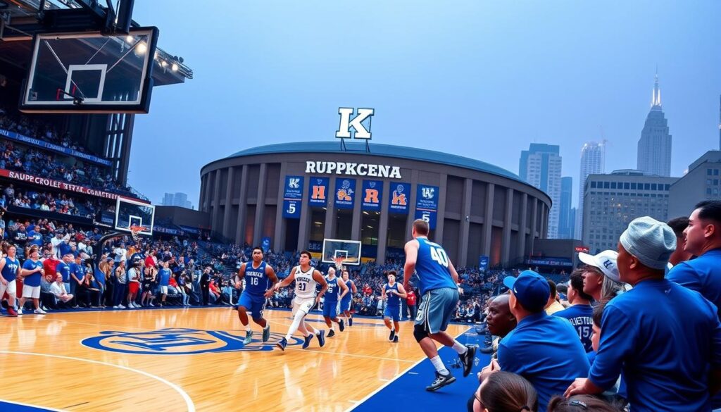 A vibrant homage to the storied legacy of Kentucky basketball, captured in a dynamic courtside scene. In the foreground, a sea of electric blue and white jerseys, fans roaring as the Wildcat players execute a perfectly choreographed fast break, their movements frozen in time by the shutter's decisive click. The middle ground features the iconic Rupp Arena, its towering arched entrance and bold signage radiating an aura of championship pedigree. In the background, a hazy skyline of Lexington's cityscape, the glowing neon signs and skyscrapers casting a warm glow over the arena, underscoring the enduring passion and pride of this basketball-obsessed community.