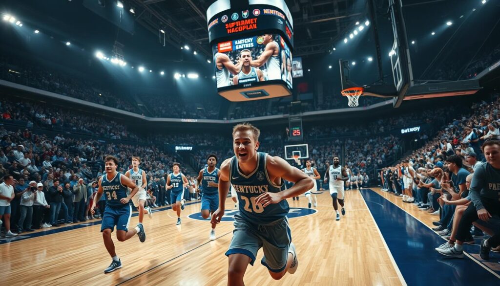 A dynamic basketball court, the SEC tournament in full swing. Sweat-soaked players race across the hardwood, their faces intense with determination. Dramatic lighting casts long shadows, adding depth and drama. Fans roar