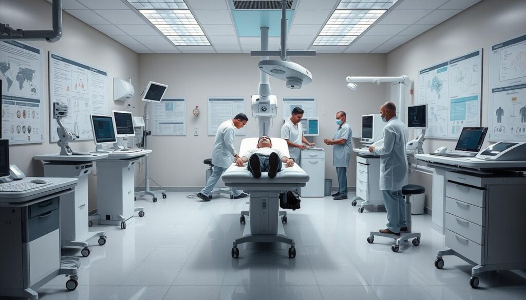 A meticulously detailed medical treatment room with an assortment of advanced diagnostic and therapeutic equipment. In the center, a patient rests comfortably on an examination table, surrounded by attentive healthcare professionals administering the latest headache relief therapies. The room is bathed in soft, directional lighting, creating an atmosphere of calm and professionalism. The walls are lined with informative charts and diagrams, while the floor is covered in a sterile, reflective tile. The overall scene conveys a sense of cutting-edge, evidence-based care for complex headache disorders.