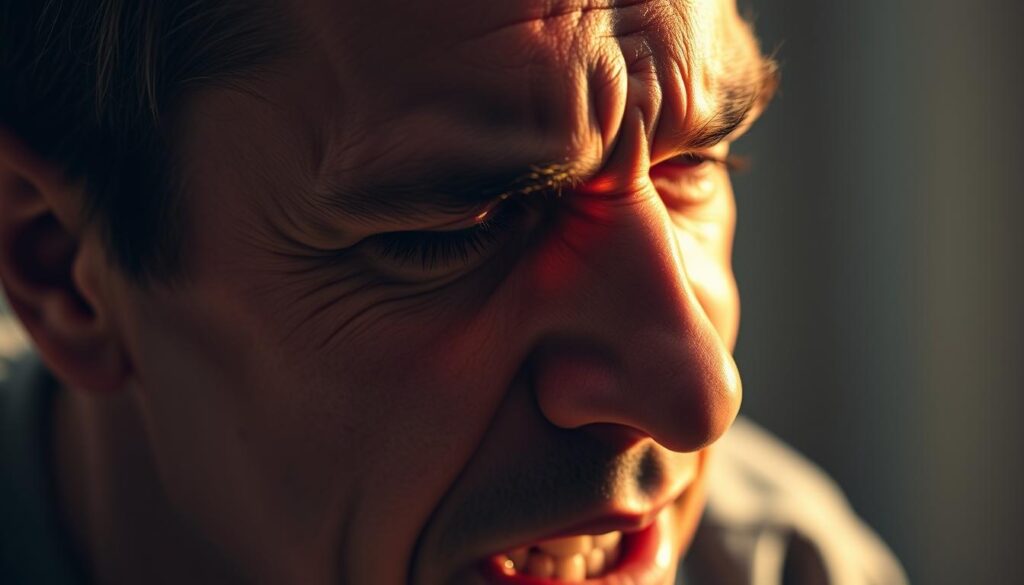 Cluster headache, a severe, stabbing pain that radiates from the eye socket, bathed in a warm, golden glow. A close-up view reveals the furrowed brow, the tightly clenched jaw, and the pained expression on the patient's face. The lighting is dramatic, casting long shadows that accentuate the tense, suffering features. The background is blurred, a soft, out-of-focus blur that keeps the focus on the subject's intense agony. The scene conveys a sense of acute distress and the desperate search for relief from this debilitating condition.