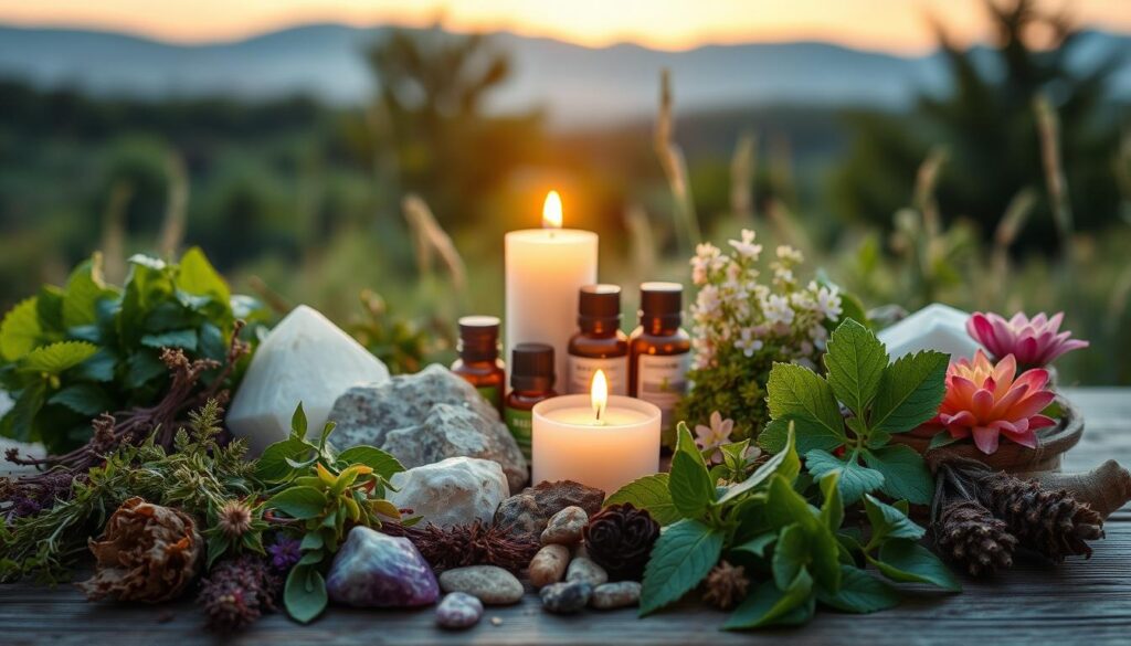 A serene natural setting with assorted herbs, plants, and botanical elements arranged in the foreground, capturing the essence of holistic headache remedies. The middle ground features soothing crystals, essential oils, and a relaxing candle flame, all bathed in warm, diffused lighting. The background showcases a peaceful outdoor landscape, with mountains or rolling hills in the distance, creating a calming, natural atmosphere. The overall composition conveys a sense of tranquility and the restorative power of nature's remedies for headache relief.